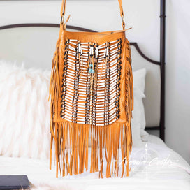 Tan-Colored Leather-Bag With Fringe Detail - Large & Square