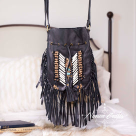 Black Leather Bag With Fringe Detail - Small & Round