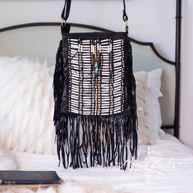 Black Leather Bag With Fringe Detail - Large & Square