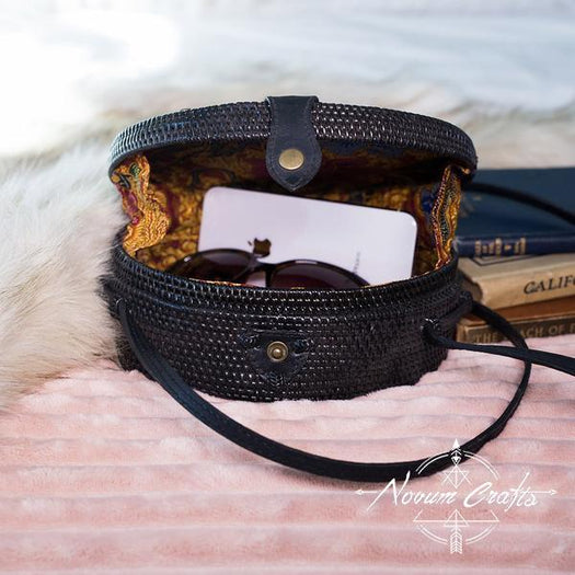 Round Rattan Bag (Medium) - Black Sling