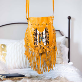 Tan-Colored Leather-Bag With Fringe Detail - Small & Round