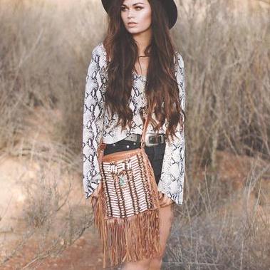 Light Brown Leather Bag With Fringe Detail - Small & Square