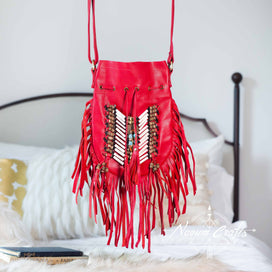 Red Leather Bag With Fringe Detail - Small & Round