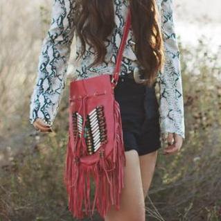 Red Leather Bag With Fringe Detail - Small & Round