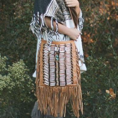Tan-Colored Leather-Bag With Fringe Detail - Large & Square
