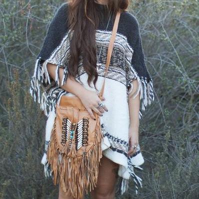 Tan-Colored Leather-Bag With Fringe Detail - Small & Round