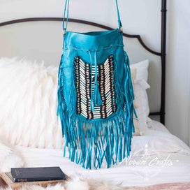 Turquoise Leather Bag With Fringe Detail - Large & Round