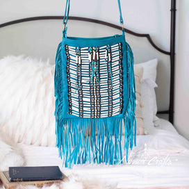 Turquoise Leather Bag With Fringe Detail - Large & Square