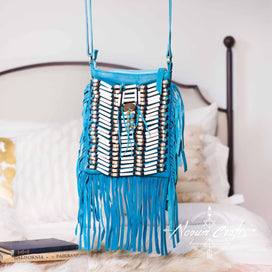Turquoise Leather Bag With Fringe Detail - Small & Square