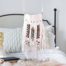 White Leather Bag With Fringe Detail - Small & Round