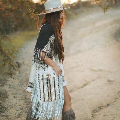 White Leather Bag With Fringe Detail - Large & Square