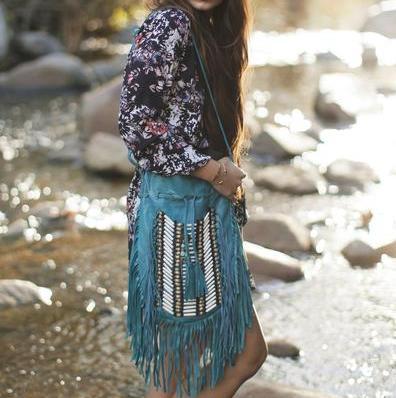 Turquoise Leather Bag With Fringe Detail - Large & Round