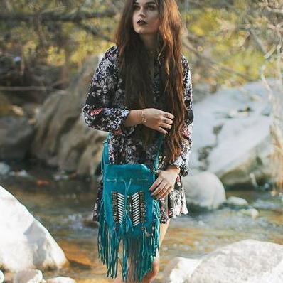 Turquoise Leather Bag With Fringe Detail - Small & Round