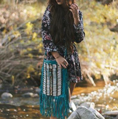 Turquoise Leather Bag With Fringe Detail - Large & Square
