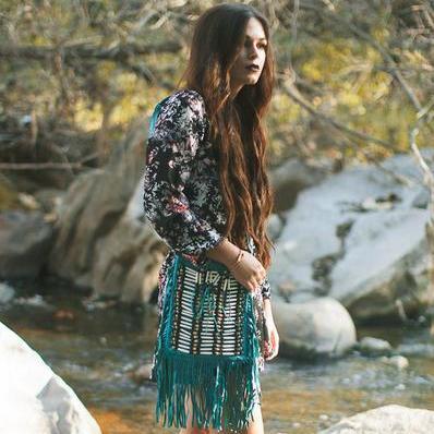 Turquoise Leather Bag With Fringe Detail - Small & Square