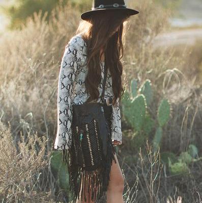 Black Leather Bag With Fringe Detail - Large & Round