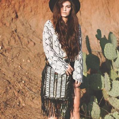 Black Leather Bag With Fringe Detail - Large & Square