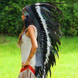 Black Dotted White War Bonnet - 130cm