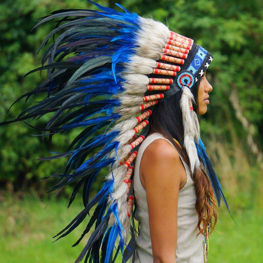 Blue Indian headdress with long trailer - Indian Headdress
