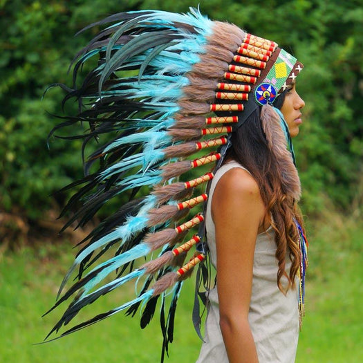 Turquoise colored Indian headdress with long trailer - Indian Headdress