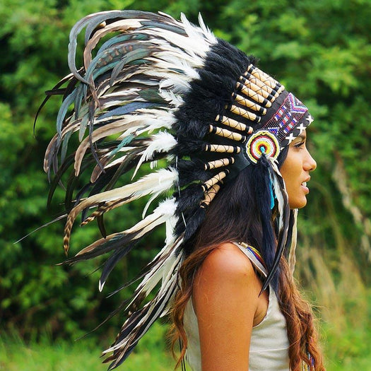 Black and White Mixed-Feathers Native American Headdress - 75cm