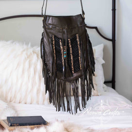 Brown Leather Bag With Fringe Detail - Large & Round