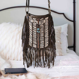 Brown Leather Bag With Fringe Detail - Large & Square
