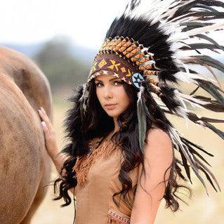 Attractive Woman With Native American Makeup And Feathers In Her