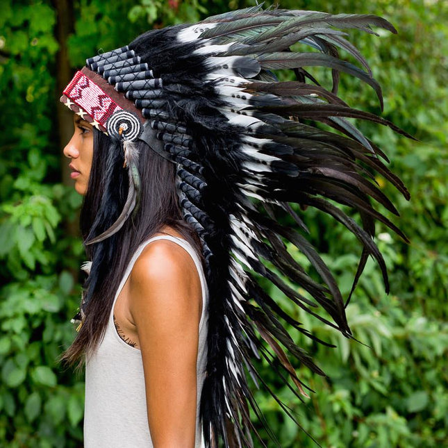 Indian Headdress White Yellow Red & Black Feather Warbonnet Native