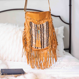 Tan-Colored Leather Bag With Fringe Detail - Round & Large
