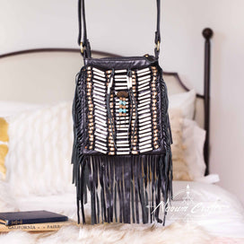 Black Leather Bag With Fringe Detail - Small & Square