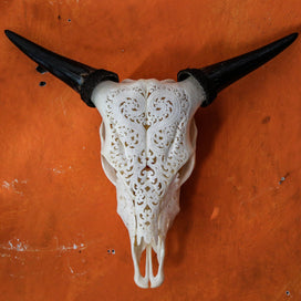 Heart Design Cow Skull Carving