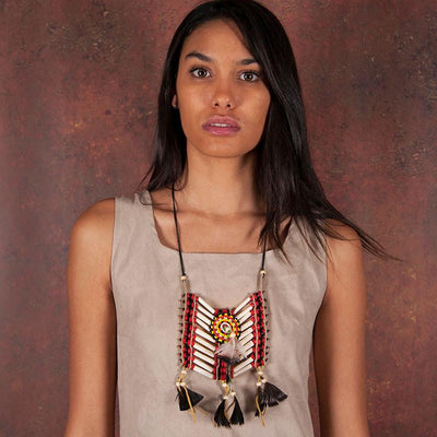 Beige-Red Breastplate With Feathers