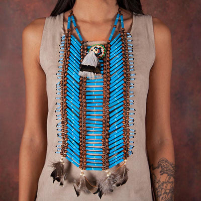 Long Blue Breastplate With Feathers