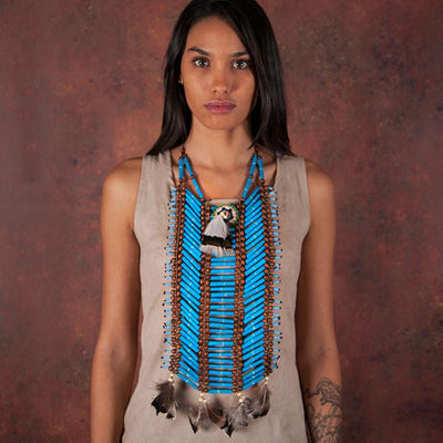 Long Blue Breastplate With Feathers