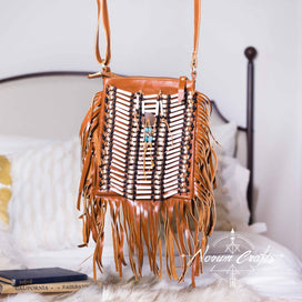 Light Brown Leather Bag With Fringe Detail - Small & Square