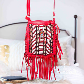 Red Leather Bag With Fringe Detail - Small & Square