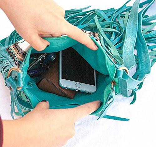 Turquoise Leather Bag With Fringe Detail - Small & Round – Indian