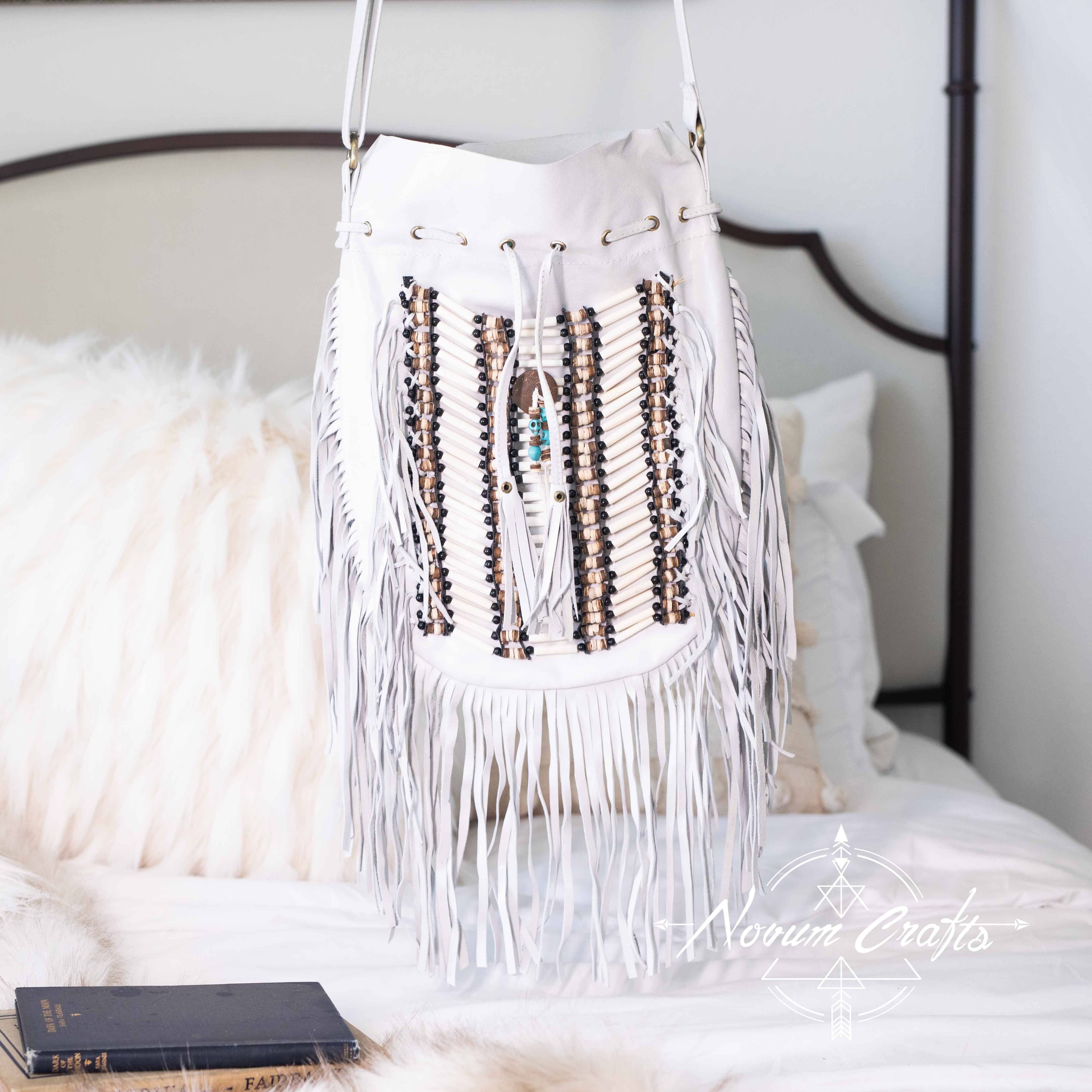 White Leather Bag With Fringe Detail - Large & Round