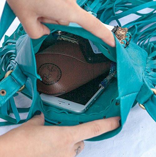Turquoise Leather Bag With Fringe Detail - Small & Round